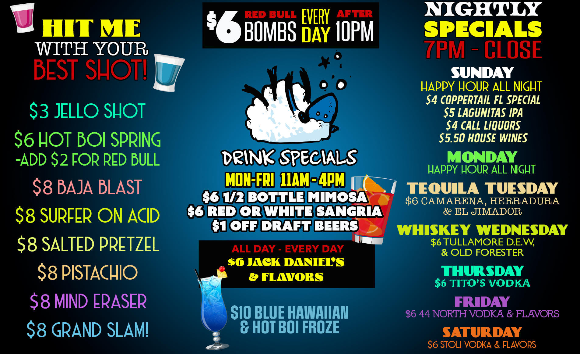 Graphic with all of The Hammered Lamb's drink specials